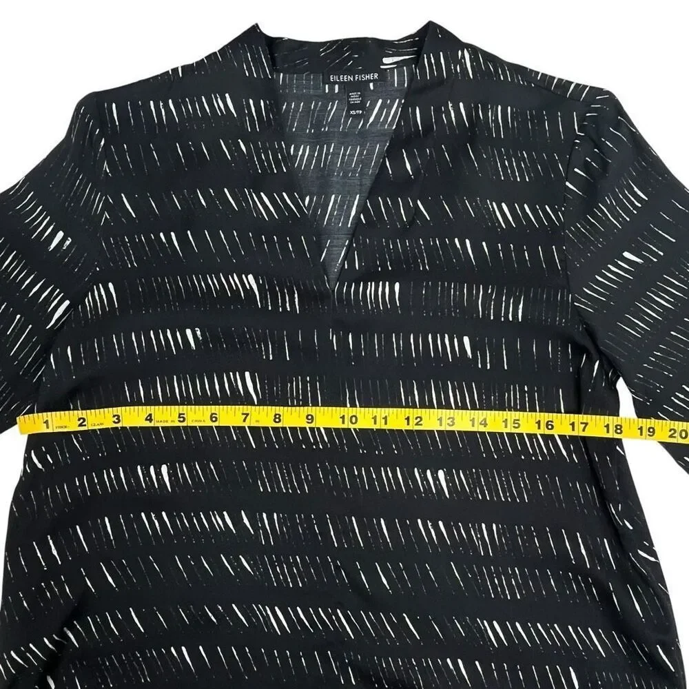 Eileen Fisher Womens Silk Organic Cotton Dash V-Neck Blouse Shirt Black Size XS